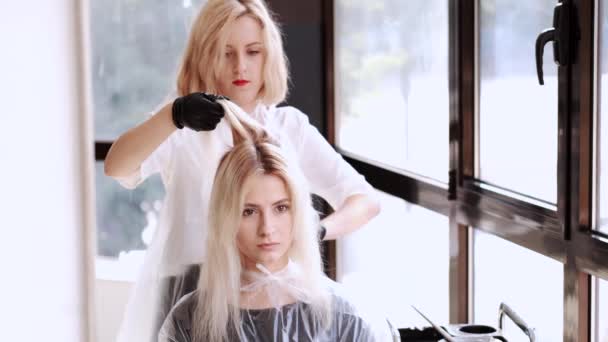 Peluquería y cliente teñir el cabello en el salón de belleza moderno — Vídeo de stock