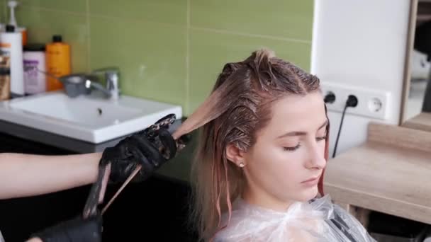 Fechar o processo de tingir o cabelo pelo cabeleireiro no salão de beleza — Vídeo de Stock