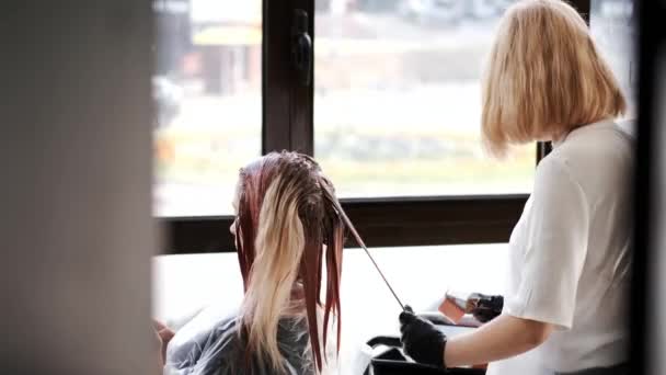 Coiffeur en gants noirs teinture clients cheveux dans le salon de beauté — Video