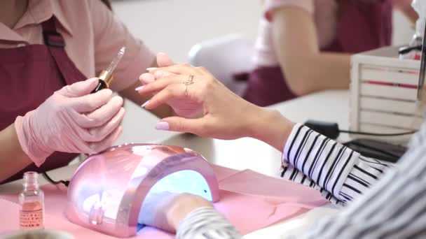 Manikérka přikrývá nehty gelem v salonu krásy — Stock video