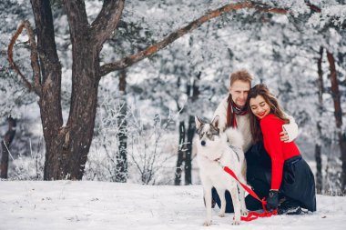 Güzel çift bir köpekle oynamayı