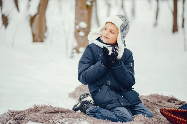 Ragazzino carino in un parco invernale — Foto Stock