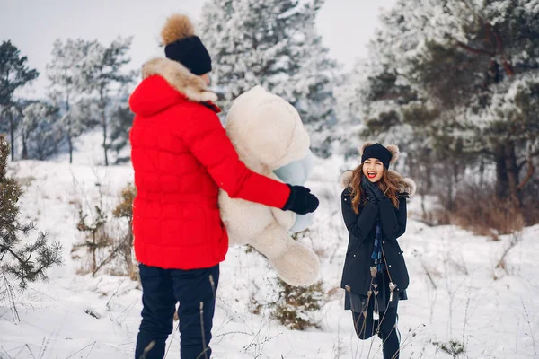 Casal amoroso andando em um parque de inverno — Fotografia de Stock