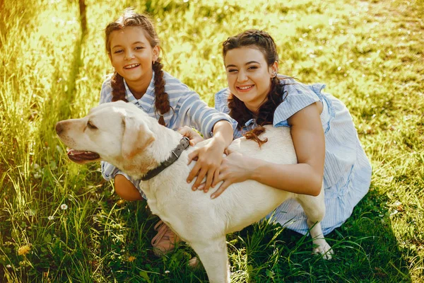 Dvě krásné dívky se psem — Stock fotografie