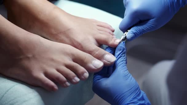 Nail master is cutting nails with tongs — Stock Video