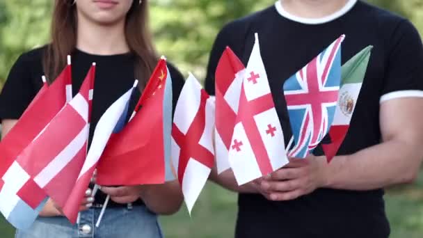 Los estudiantes están levantando las banderas nacionales de los países — Vídeos de Stock