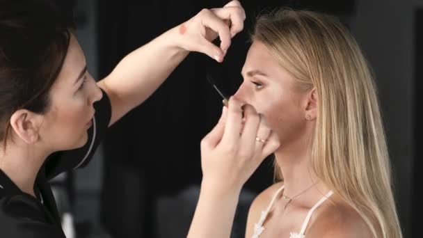 Artista de maquillaje usando rímel para pestañas en el salón de belleza — Vídeo de stock