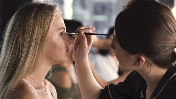 Make-up kunstenaar doet make-up voor klant met blond haar — Stockvideo