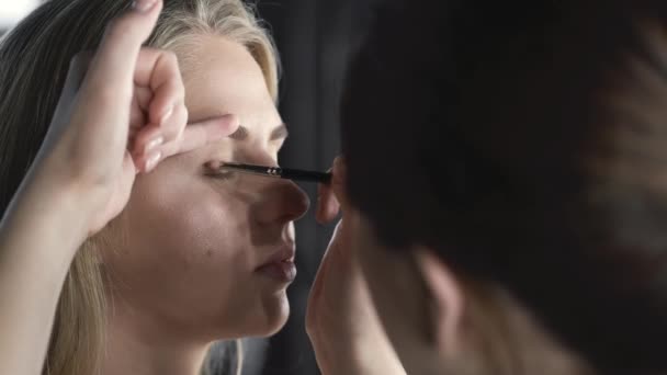 Primer plano del proceso de maquillaje por artista en salón de belleza — Vídeos de Stock
