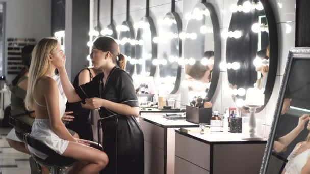 Artista y cliente en un proceso de maquillaje en el salón de belleza — Vídeos de Stock