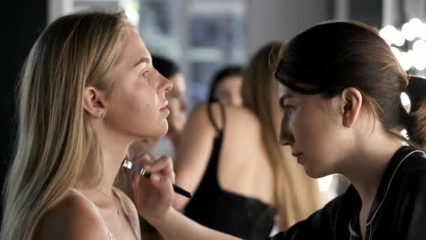 在美容院化妆过程中的艺术家和客户 — 图库视频影像