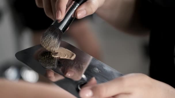 Close-up de mão feminina segurando escova no salão de beleza — Vídeo de Stock