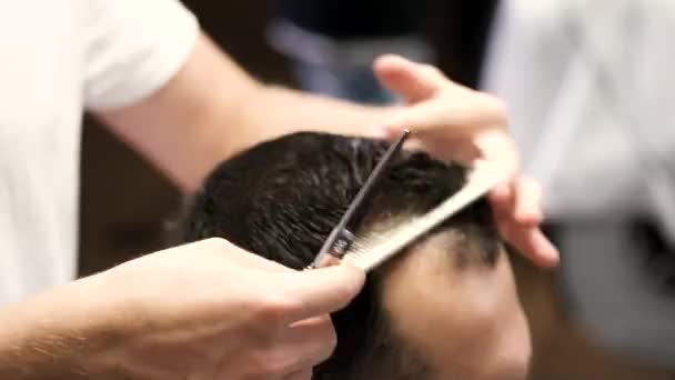 Fechar-se de barbeiros mãos que cortam o cabelo de clientes na barbearia — Vídeo de Stock
