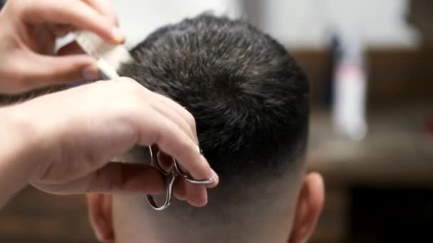 Barbeiro homens de corte de cabelo com tesoura na barbearia — Vídeo de Stock