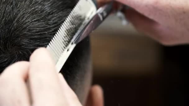 Berber berber dükkanında erkek saçını makasla kesiyor. — Stok video