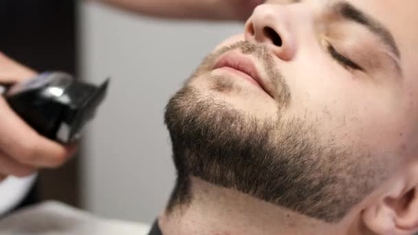 Gros plan du processus de coupe de la barbe des clients par le barbier dans le salon de coiffure — Video