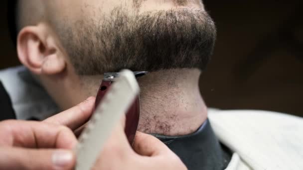 Primer plano del proceso de corte de barba de los clientes por peluquero en la barbería — Vídeo de stock