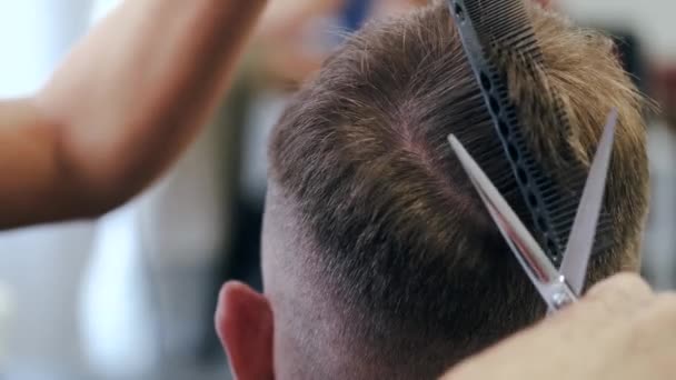 Fechar-se de processo de cortar o cabelo com a tesoura no salão de beleza — Vídeo de Stock