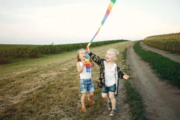 Schattig klein kind in een zomer veld met een vlieger — Stockfoto