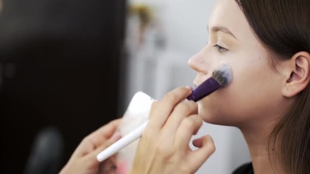 Närbild av kvinnligt ansikte medan du sminkar dig i skönhetssalong — Stockvideo