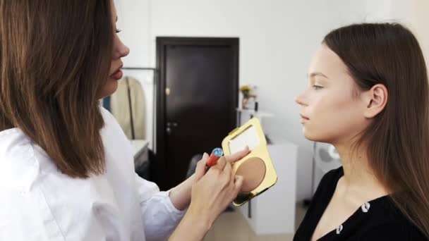 Makeup artist putting powder on clients face in salon — 비디오