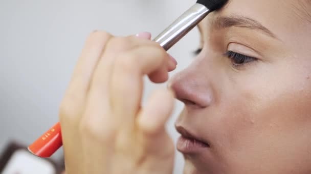 Maquillaje artista poner polvo en la cara de los clientes en el salón — Vídeo de stock