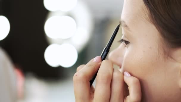 Artista dibujando cejas perfectas para el cliente en el salón de belleza — Vídeos de Stock