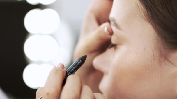 Primer plano de la cara de la joven dama haciendo maquillaje en el salón — Vídeos de Stock