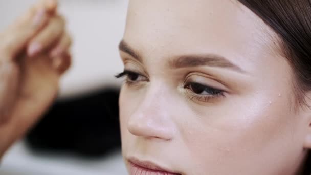 Primer plano de la cara de la joven dama haciendo maquillaje en el salón — Vídeo de stock