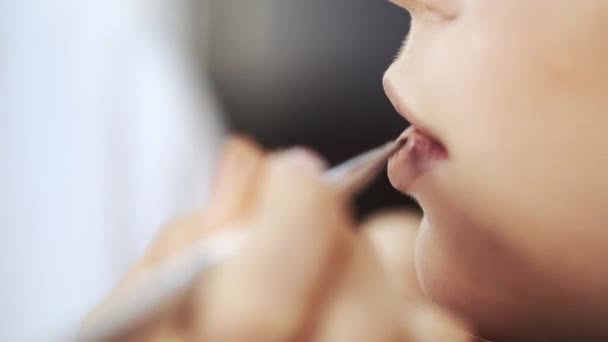 Closeup of process of drawing lips with brush by makeup artist in salon — 비디오