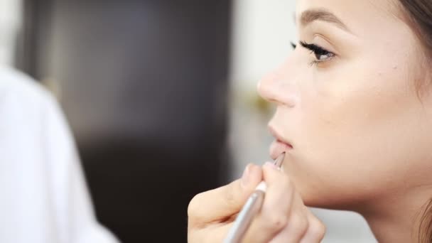 Närbild av processen att rita läppar med pensel av makeup artist i salong — Stockvideo