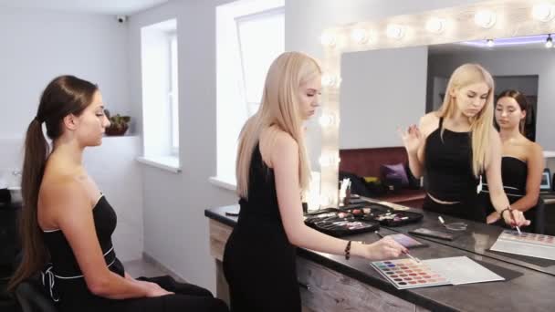 Make-up kunstenaar doet make-up voor brunette client in salon — Stockvideo