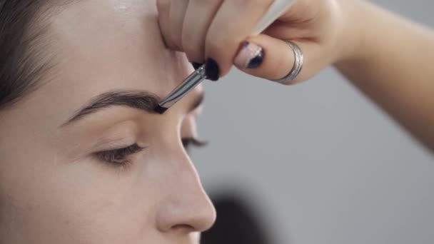 Primer plano del proceso de dibujar las cejas de los clientes en el salón de belleza — Vídeo de stock