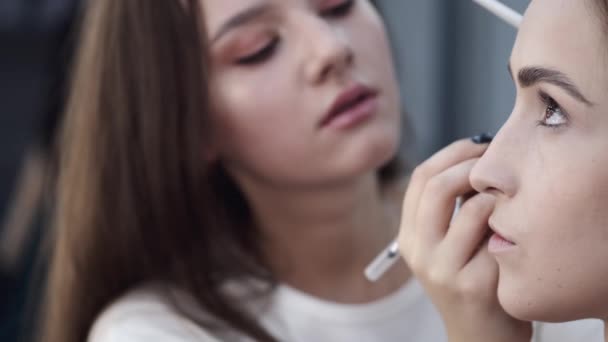 Portret van make-up kunstenaar en klant tijdens het doen van make-up — Stockvideo