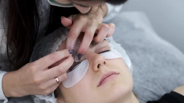 A lash master is brushing the eye lashes with a tool on a lift pad — Stockvideo