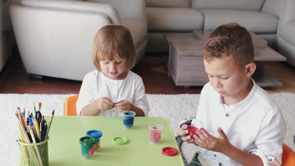 Retrato de dos niños sosteniendo plastilina y haciendo figuritas — Vídeo de stock