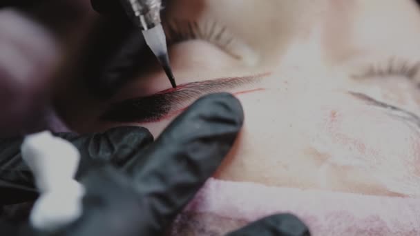 O mestre de beleza em luvas de borracha está morrendo as sobrancelhas de um cliente com a técnica de microblading — Vídeo de Stock