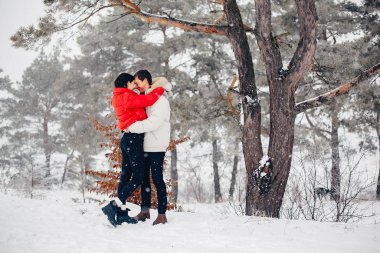 Sevgili çift kış parkında yürüyor.