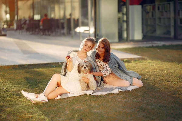 Dvě holky sedící v parku s malým psem — Stock fotografie