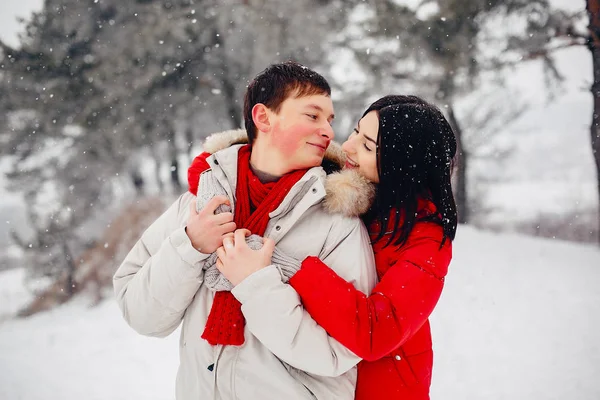 Casal amoroso andando em um parque de inverno — Fotografia de Stock