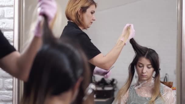 Professioneller Friseur färbt Kunden Haare im Schönheitssalon — Stockvideo