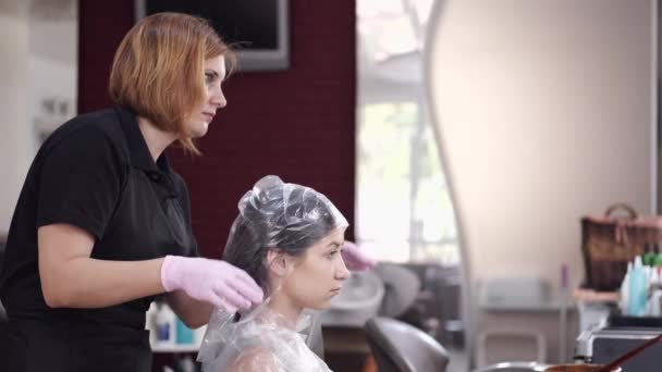 Peluquería profesional que cubre el cabello de las mujeres con celofán en el salón de belleza — Vídeo de stock