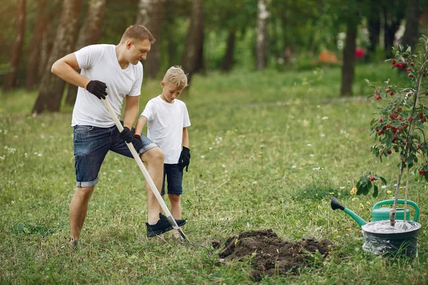 Far och lille son planterar ett träd på en gård. — Stockfoto