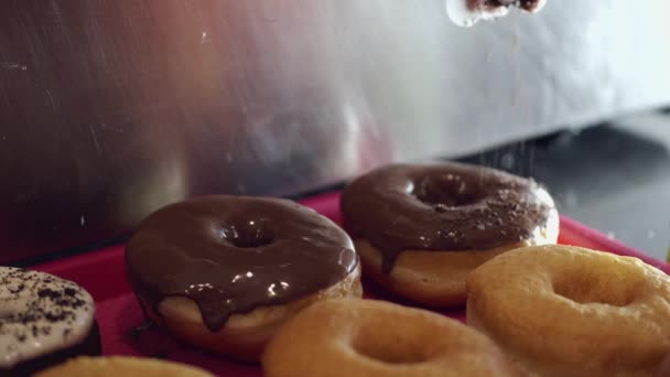 Os donuts cozidos estão a ser salpicados por uma cobertura. — Vídeo de Stock