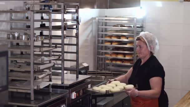 The cook is taking out the ready made shaped pastry for donuts — Stockvideo