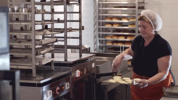 O cozinheiro está colocando as bases para donuts em uma geladeira — Vídeo de Stock