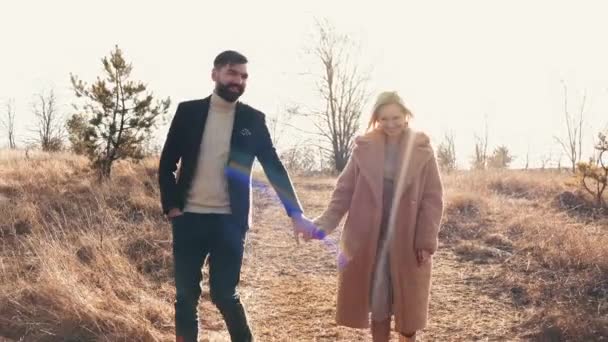 Любовники гуляют по осеннему полю на закате — стоковое видео