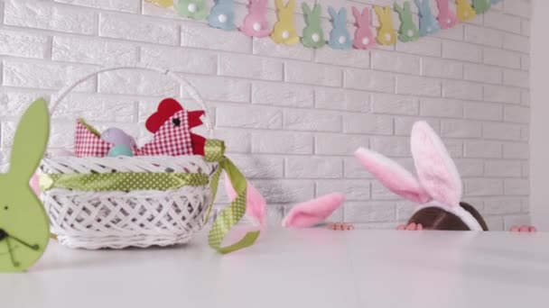 Bunny ears are showing at the table in an easter prepared kitchen — Stok video