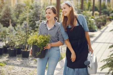 Çiçek saksılarıyla bir serada çalışan kadınlar