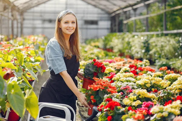 Kvinna i svart förkläde arbetar i ett växthus — Stockfoto